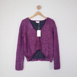 Lovers + Friends Gerona Fuzzy Eyelash Glitter V-Neck Sweater Magenta XS NWT